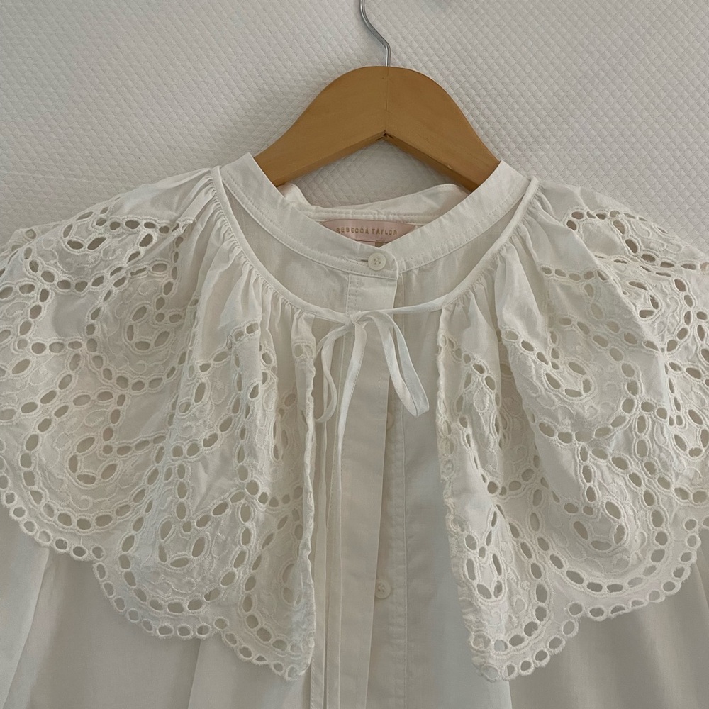 Rebecca Taylor Cotton Eyelet Cape Collar Blouse, White, Size Large - Picture 2 of 2